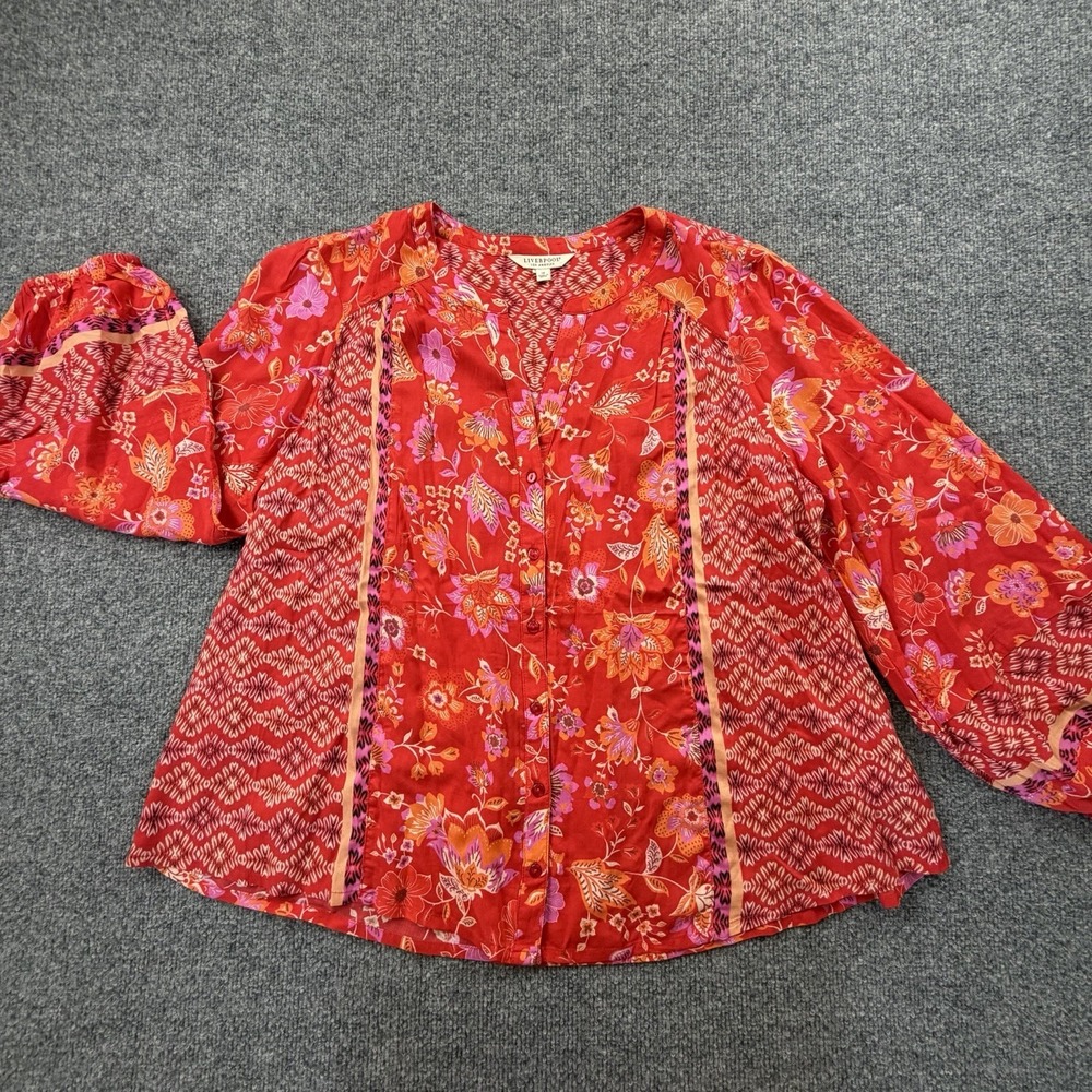 LIVERPOOL Red Floral Button-Front Blouse